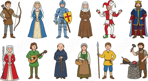 Medieval characters set, knight, king, jester, noblewoman, monk, peasant, professions illustration, historical costume, flat vector illustration