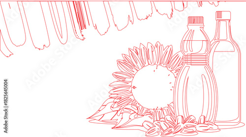 Red Outline Illustration Sunflower, Seeds, and Oil Bottles on White Background in Stylized Rendering