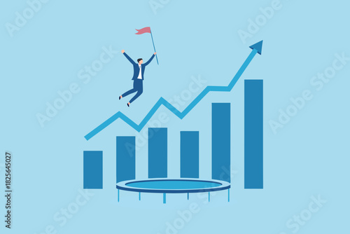 Businessman jumping on trampoline over graph celebrating success and growth