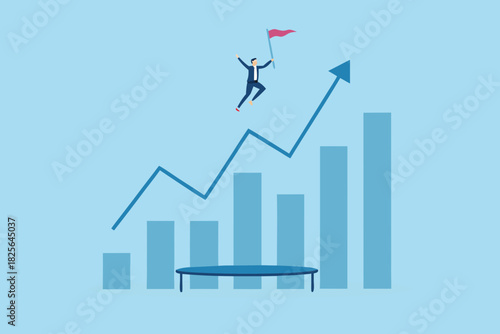 Businessman jumping on trampoline to reach business goal and success