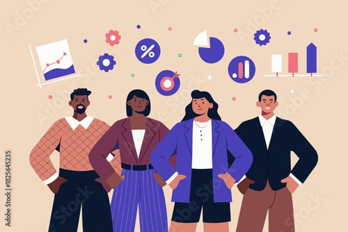 Diverse business team with data visualization and success indicators illustration