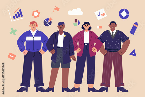 Diverse team of professionals with business icons and analytics symbols
