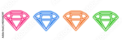 Neon glowing diamond vector icons set, luxury, wealth, treasure, sparkling, shining, brilliant, colorful, modern graphic design illustration on transparent background.