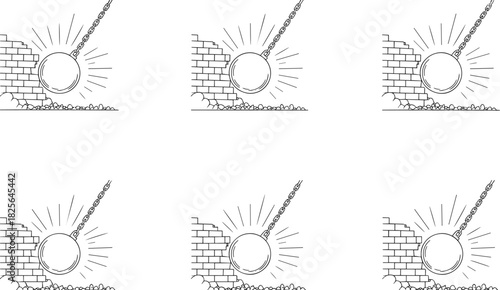 Wrecking Ball Crushing Brick Wall Line Art Icons Keywords: wrecking ball, demolition