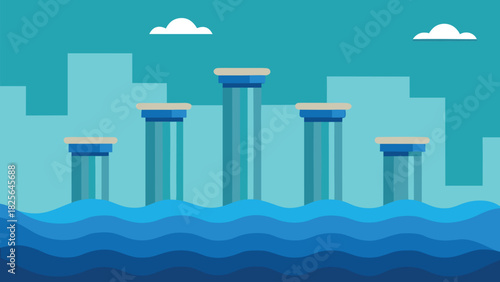Geometric blue cityscape water level platforms vector background Vector, illustration