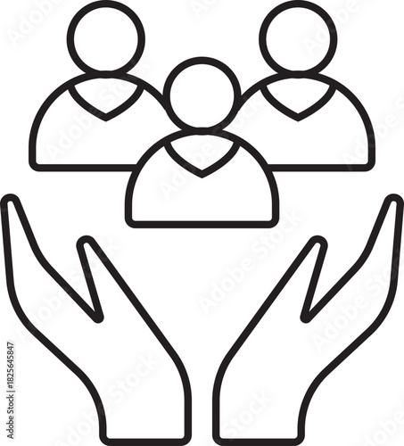 A line art icon of two hands holding up a group of three people, symbolizing care, support, and community.