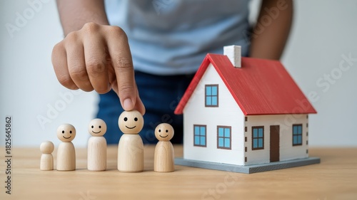 Human hand positioning wooden figure representing family near miniature house model