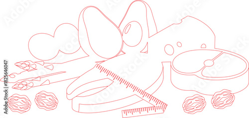 Red Outline of Food Items with Tape Measure on White Background Diet Concept