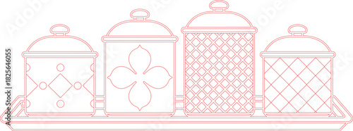 Red Outline of Four Decorative Kitchen Canisters with Lids on a Tray