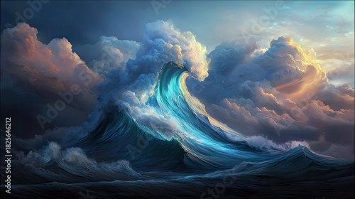 Fototapeta Naklejka Na Ścianę i Meble -  A powerful, colossal ocean wave surges and crashes, illuminated by dramatic storm clouds tinged with golden light. The scene evokes a sense of raw natural power