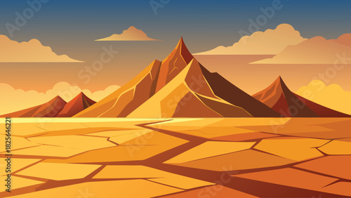 Golden hour desert mountains: cracked earth vector illustration Vector, illustration