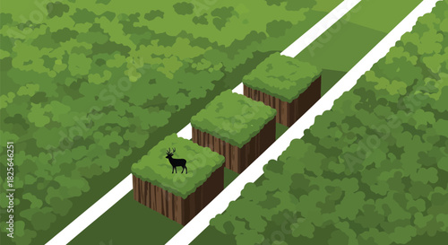 Lush green isometric forest with stag on floating island blocks Vector, illustration
