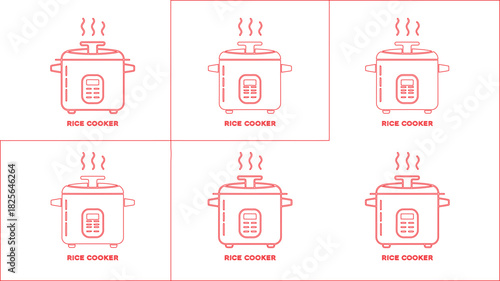 Red Outline of Six Rice Cooker Icons with Steam Emanating on White Background