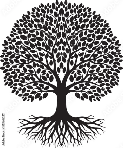 Black silhouette of a large tree with extensive root system