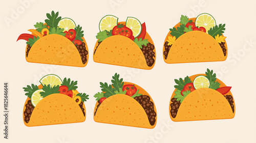 Six deliciously topped tacos arranged in two rows
