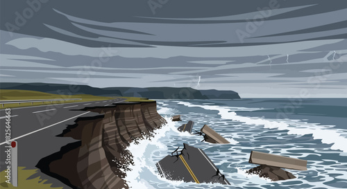 Coastal road collapse: storm driven erosion & environmental catastrophe Vector, illustration