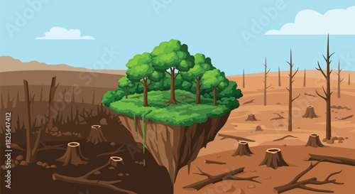 Deforestation vs reforestation: climate change & environmental crisis Vector, illustration