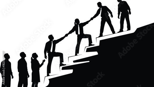 Business team silhouettes climbing stairs helping each other, teamwork concept, corporate leadership, success strategy, career growth, helping hand vector illustration
