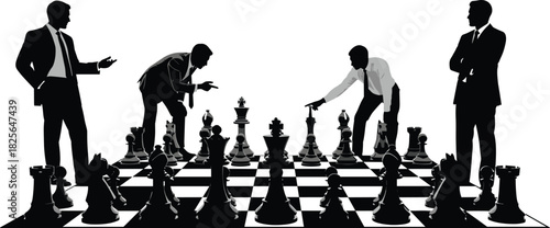 Businessmen silhouettes planning strategy on giant chessboard, corporate competition concept, leadership team making tactical moves, smart management vector illustration.