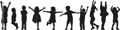 Children silhouette jumping, dancing, playing, happy kids vector, joyful childhood, active boys girls, fun pose illustration, white background art