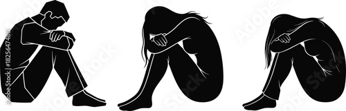 Depressed people silhouettes sitting down, sad man and woman vector set, mental health concept, lonely, despair, isolated