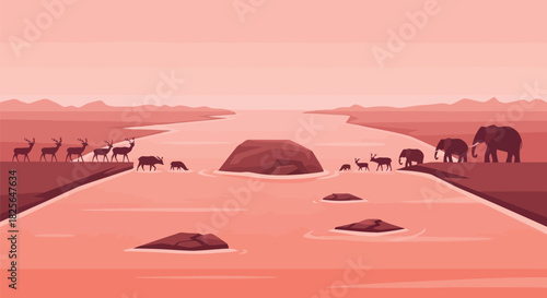 Wild animals crossing river monochromatic desert landscape Vector, illustration
