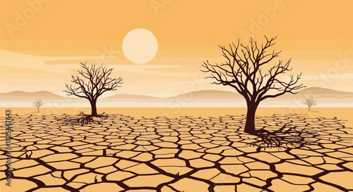 Global warming impact: dry cracked desert earth, dead trees, harsh sun Vector, illustration