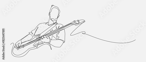 Continuous line drawing of a male musician with bass guitar. Editable vector illustration.