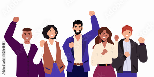 Diverse group of people celebrating success with raised fists