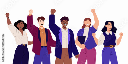 Diverse group of people celebrating success with raised fists