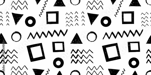 Hand drawn geometric shapes seamless pattern in black and white