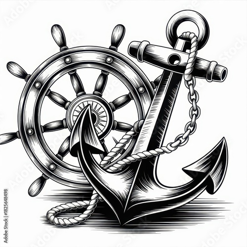 Detailed monochrome illustration of a ship's wheel and anchor with ropes and chain design