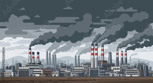 Industrial pollution vector: factory chimneys emitting toxic smoke Vector, illustration