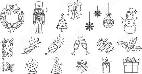 Black and white line art collection of Christmas and New Year celebration icons vector