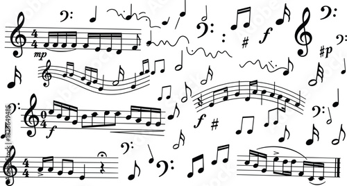 Black and white musical notation symbols and staves with notes and clefs musical notes