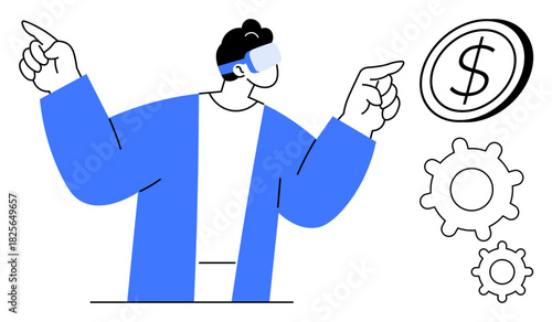 Person with AR glasses pointing at a dollar sign and gears, representing technology, finance, and innovation. Ideal for business, virtual reality, fintech, tech trends, automation digital economy