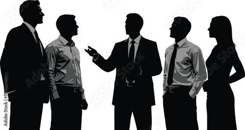 Business team silhouette, corporate meeting, leadership presentation, teamwork communication, professional collaboration, strategy planning, office discussion, black and white vector