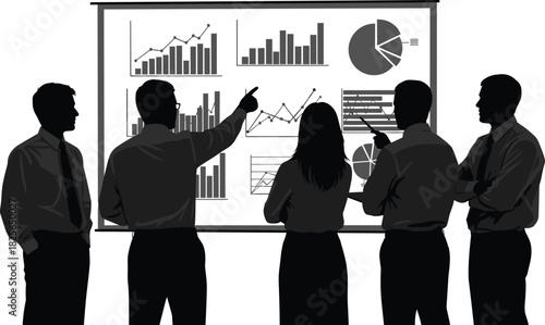 Business team silhouette, data analysis, presentation screen, bar chart, pie chart, line graph, strategy planning, corporate meeting, black vector