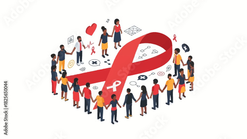 Diverse Group of People Holding Hands Around Red Ribbon Symbolizing Global Unity and Support for AIDS and HIV Awareness