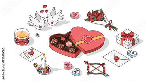A delightful collection of isometric illustrations celebrating love and romance with gifts, chocolates, and sentimental symbols for special occasions