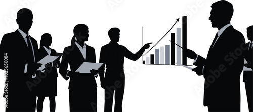Business team silhouettes analyzing growth chart, corporate financial presentation, executive pointing at sales graph, strategy meeting vector illustration