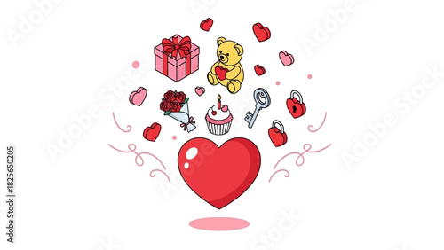Valentine's Day Heart With Gifts, Flowers, and Teddy Bear Clipart