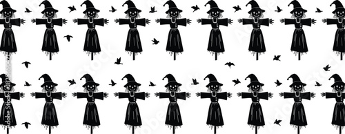 Black silhouette scarecrows with pointed hats and birds flying around them in a repeating pattern