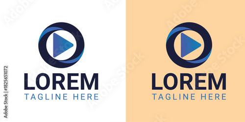 Modern play button logo inside a circular swirl with text placeholders video media