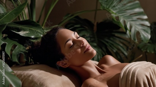 A serene moment captures a woman resting peacefully on a soft surface, enveloped in warmth, surrounded by vibrant green plants, enhancing her relaxation during a spa session