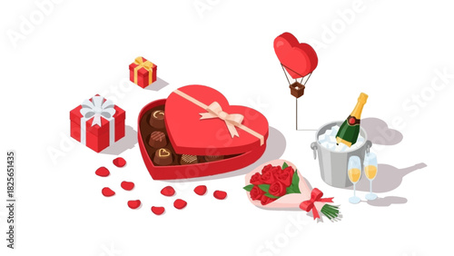An isometric vector illustration of romantic Valentine's Day gifts, including a heart-shaped box of chocolates, a bouquet of roses, and chilled champagne