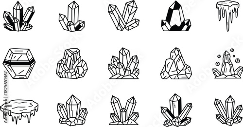 Collection of black and white hand drawn crystal and ice formations mineral geode