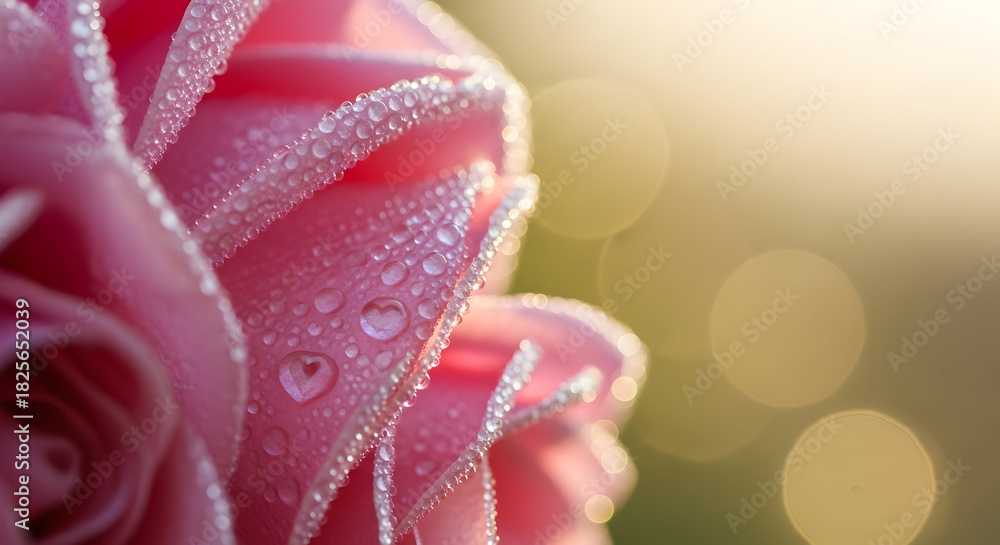 Fototapeta premium Pink Rose Petals with Dew Drops Sparkling in the Morning Light Close-Up