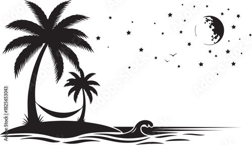 Black and white silhouette of palm tree island night scene