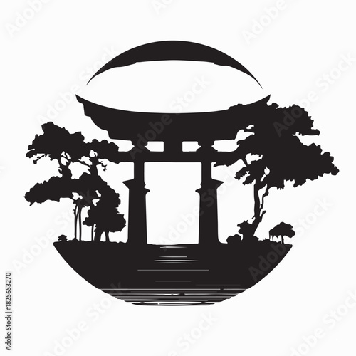 Torii Silhouette Traditional Japanese Gate in circle shape isolated vector illustration